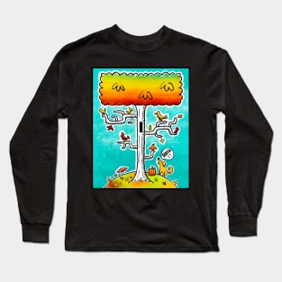 Dog Barking up Autumn Birch Tree with Birds Long Sleeve T-Shirt